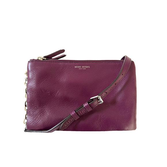 Henri Bendel Crossbody Bag Purple Leather Top Zip Dividers Chain-Link Strap - Picture 3 of 14